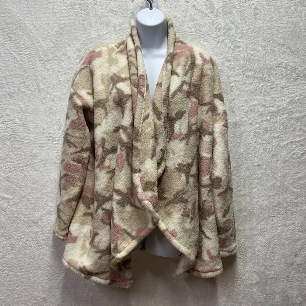 Lucky Brand Soft Fleece Cardigan Sweaters Women Large Pink‎ Tan Camo Open Front